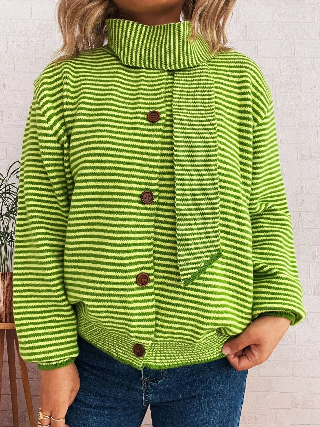 Striped Button Up Long Sleeve Cardigan - Fashorio