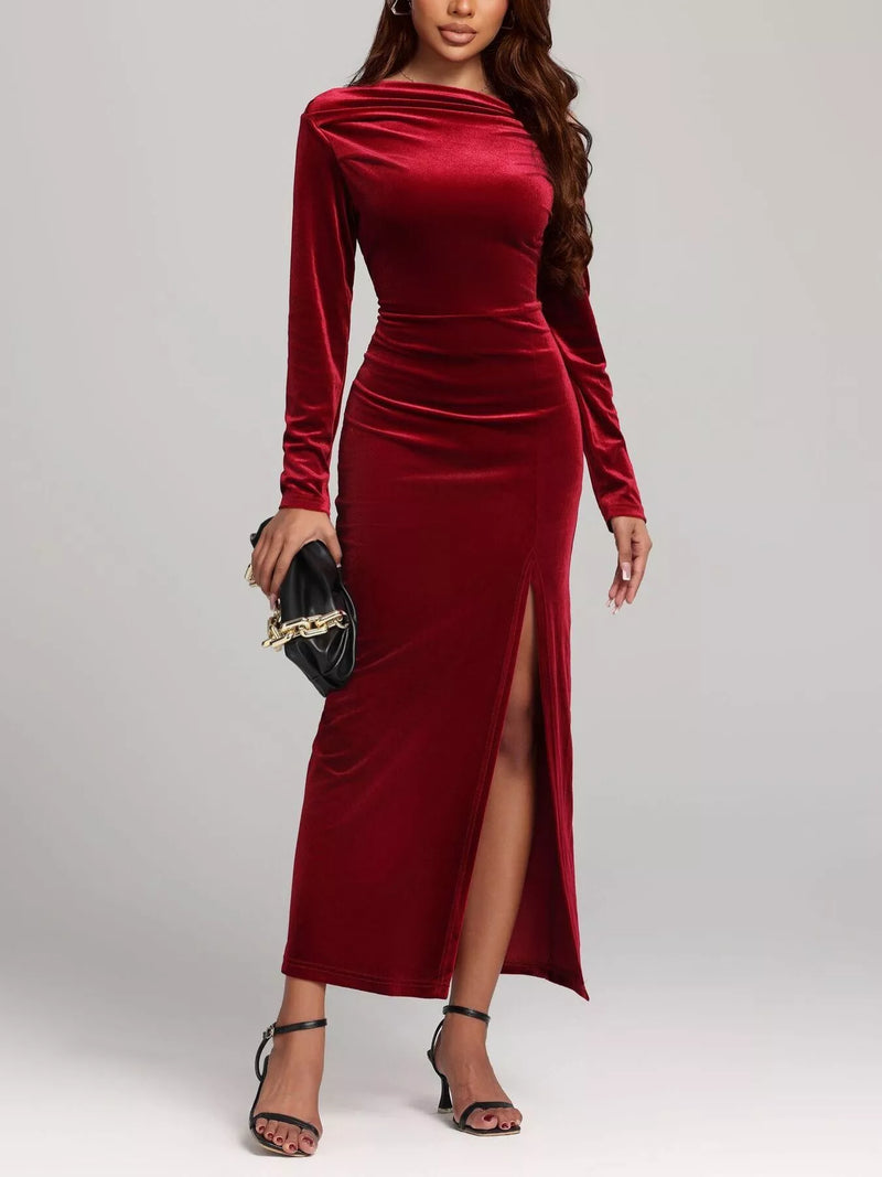 ruched velvet long sleeve slit dress front view