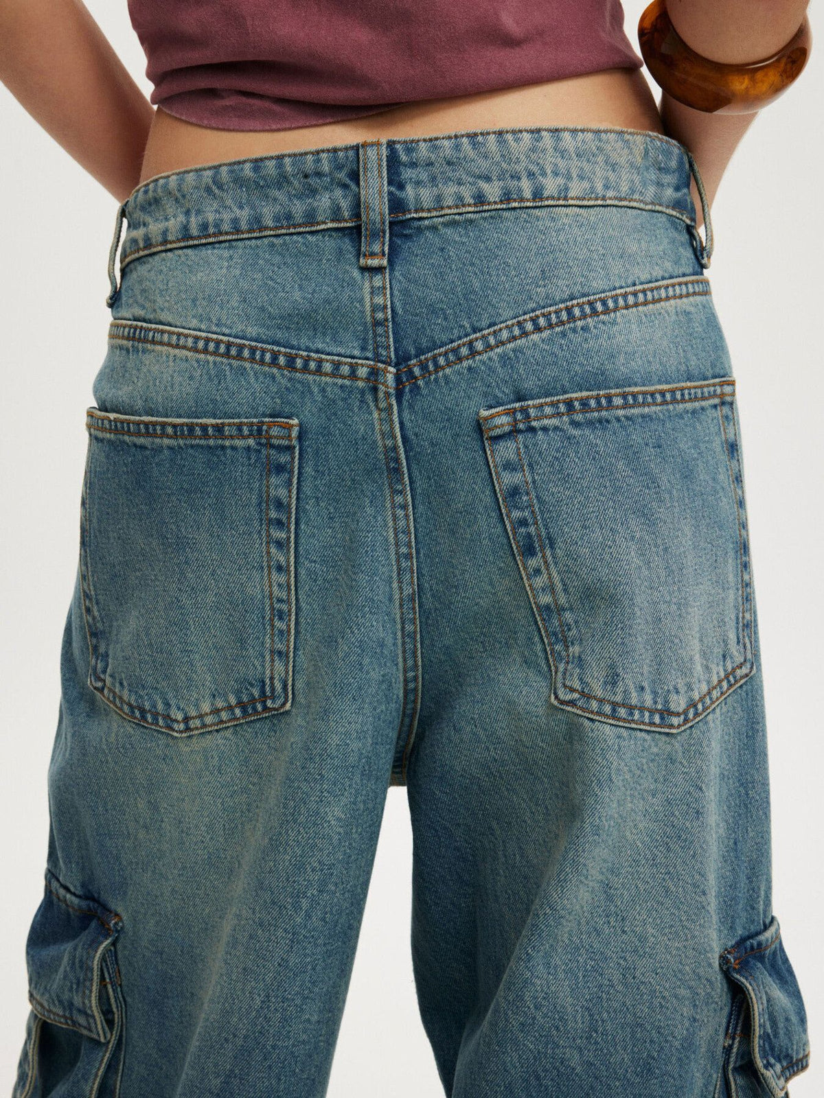 Wide leg cargo denim side view