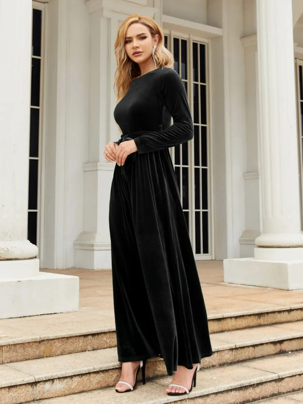tie front long sleeve maxi dress styled full length look