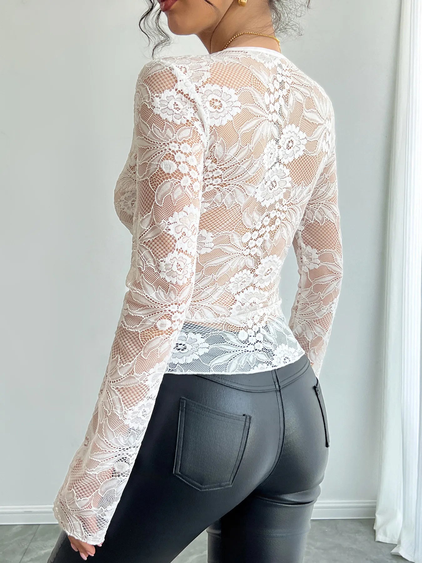 Lace Deep V-Neck Long Sleeve T-Shirt - Fashorio