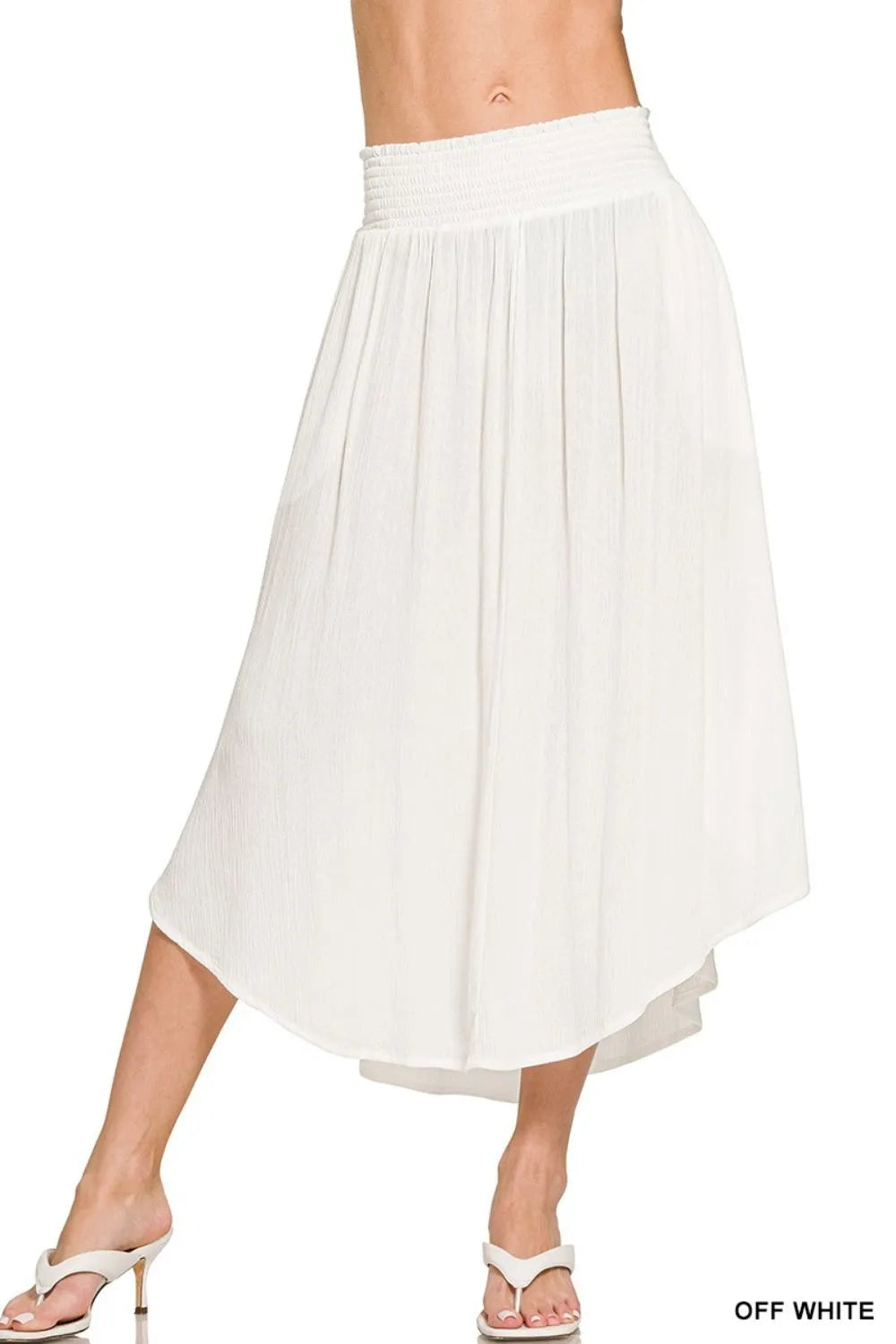 Zenana Woven Crinkle Smocked Waist Maxi Skirt W Pockets OFF WHITE - Fashorio