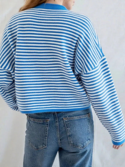 Striped Button Front Long Sleeve Cardigan - Fashorio
