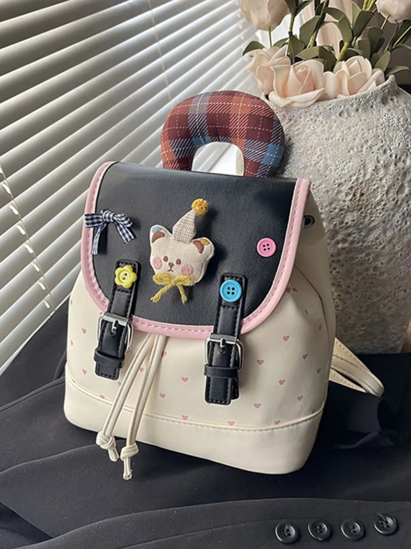Beige cartoon bear PU leather mini backpack front view