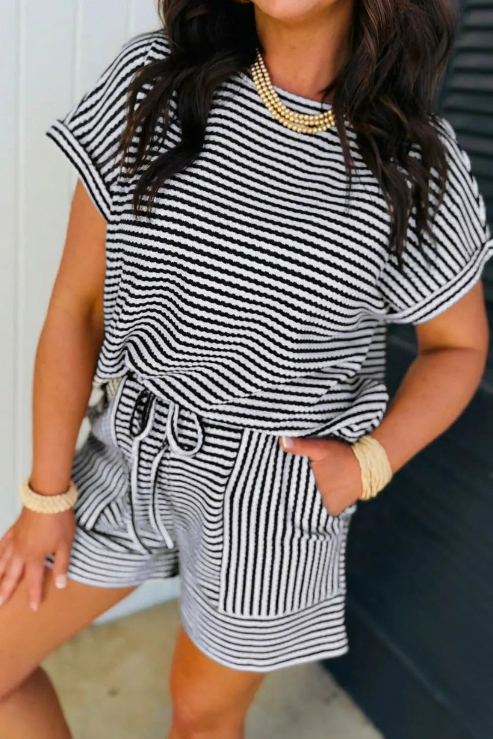 Coordinated striped tee and shorts back view