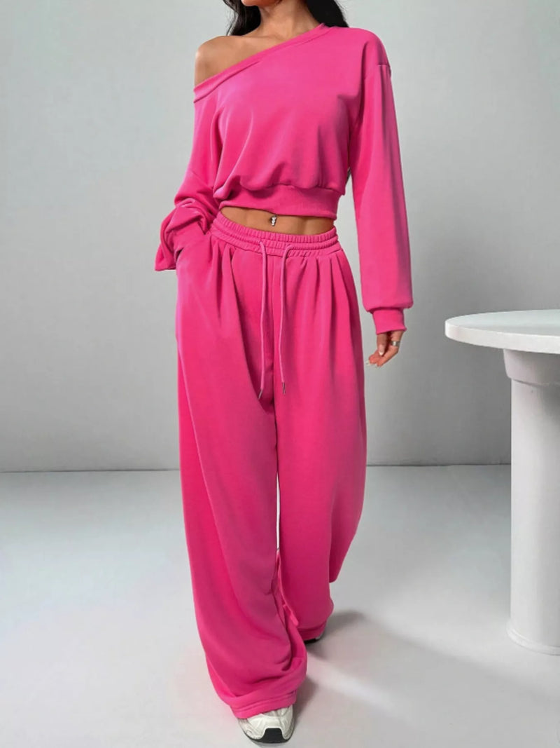 Rose red boat neck long sleeve top and pants set front view