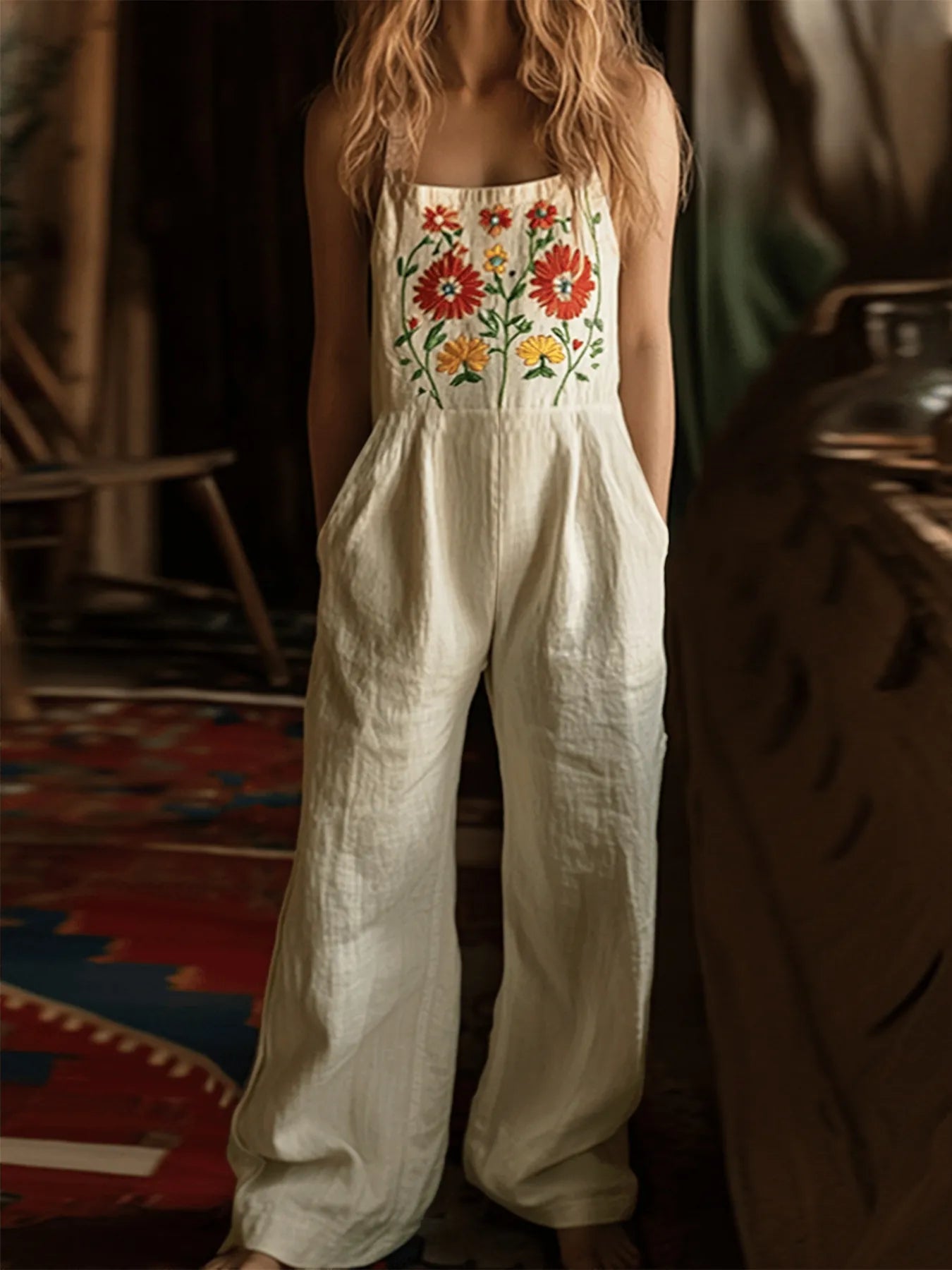 Floral Embroidered Wide Leg Jumpsuit - Fashorio