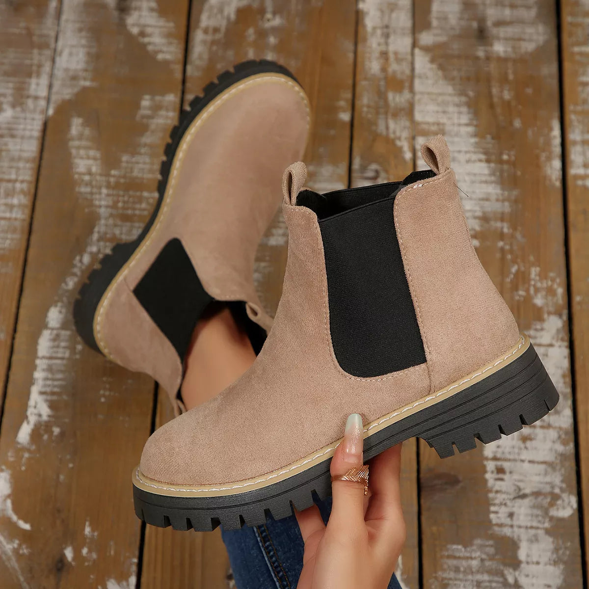 Suede round toe block heel boots buckle detail