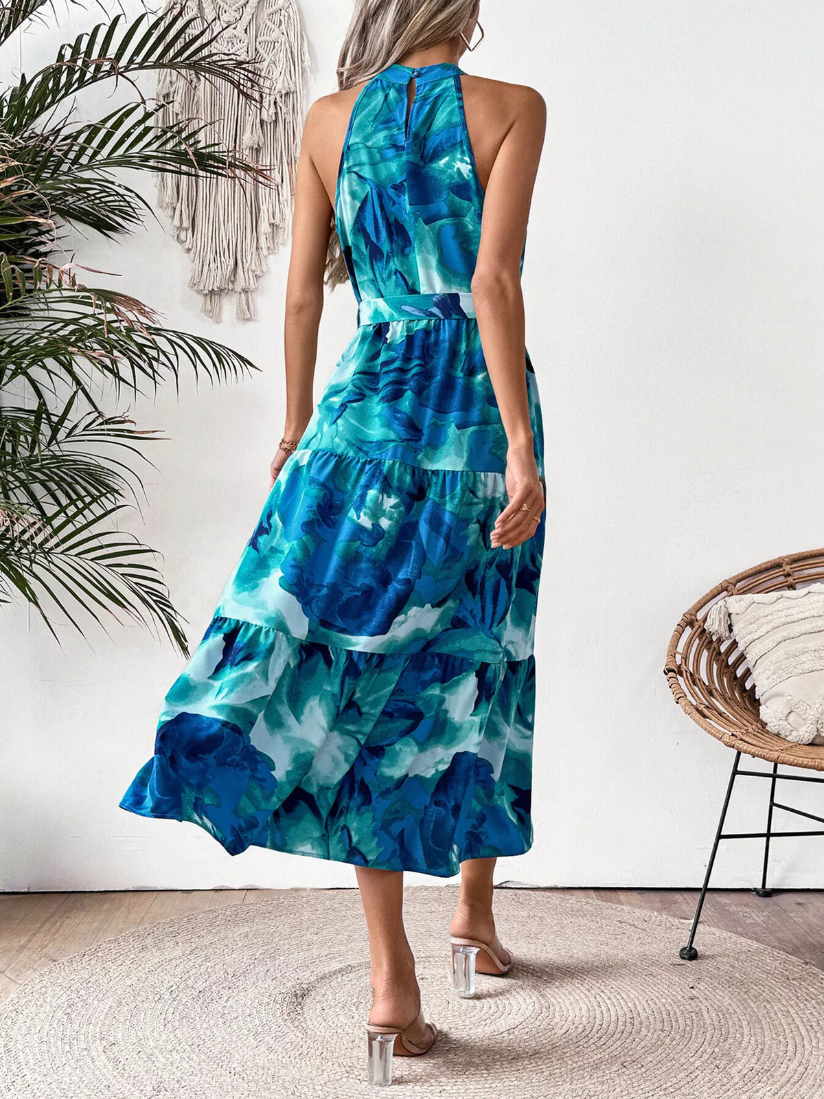 Blue floral tie waist tiered midi dress close up view