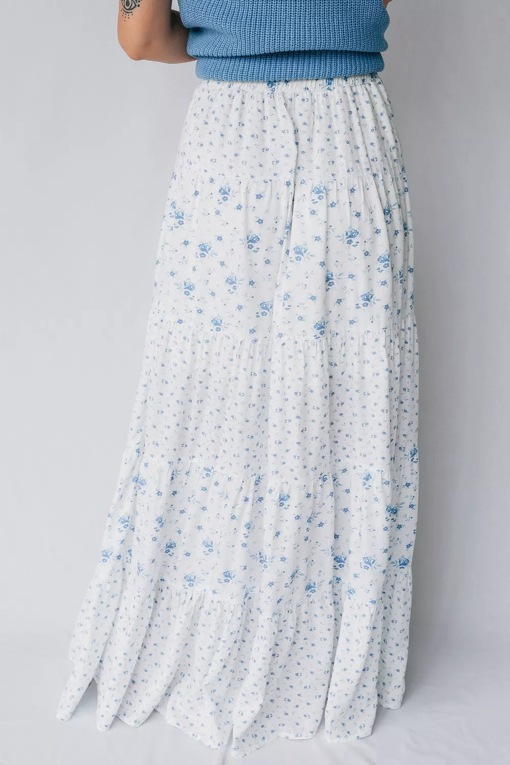 high waist floral boho maxi skirt in white back view