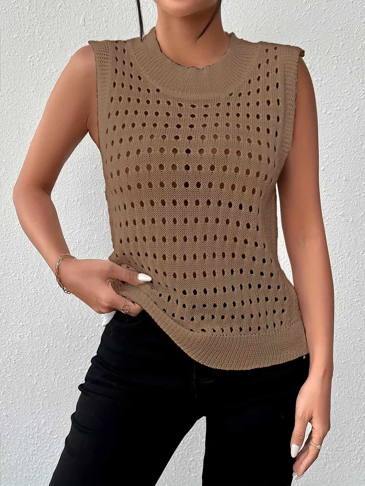 Openwork round neck knit tank full length view