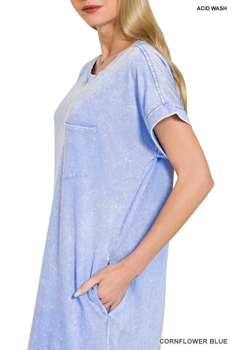 Washed Exposed Seam T Shirt Dress in Cornflower Blue back view