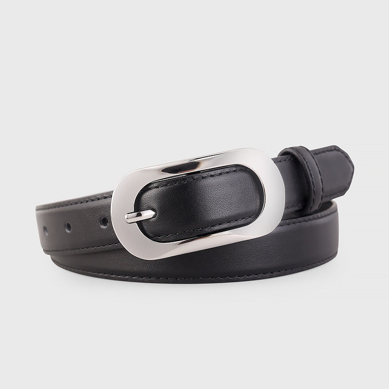 Silver buckle leather belt front view