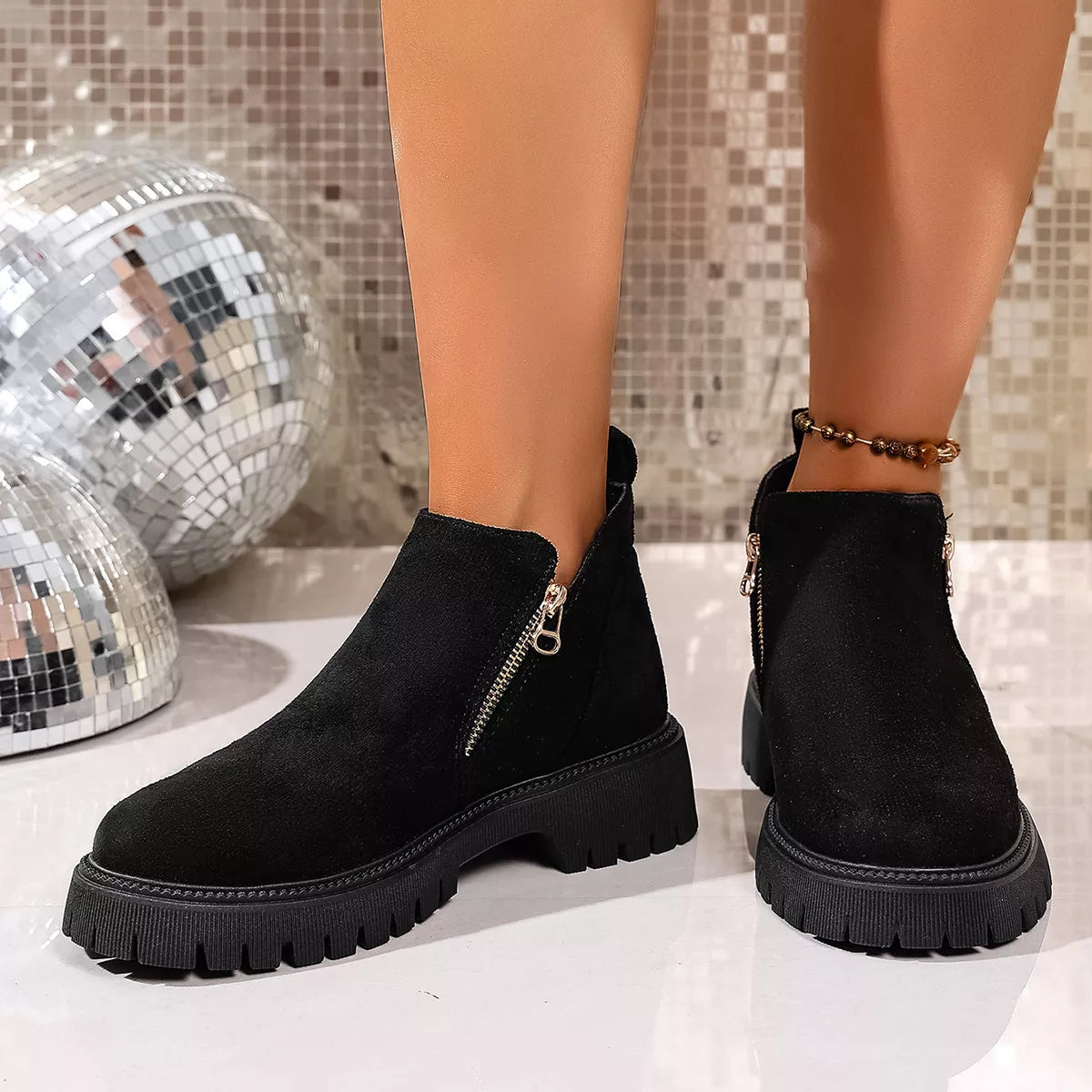 Round toe side zip ankle boots front view