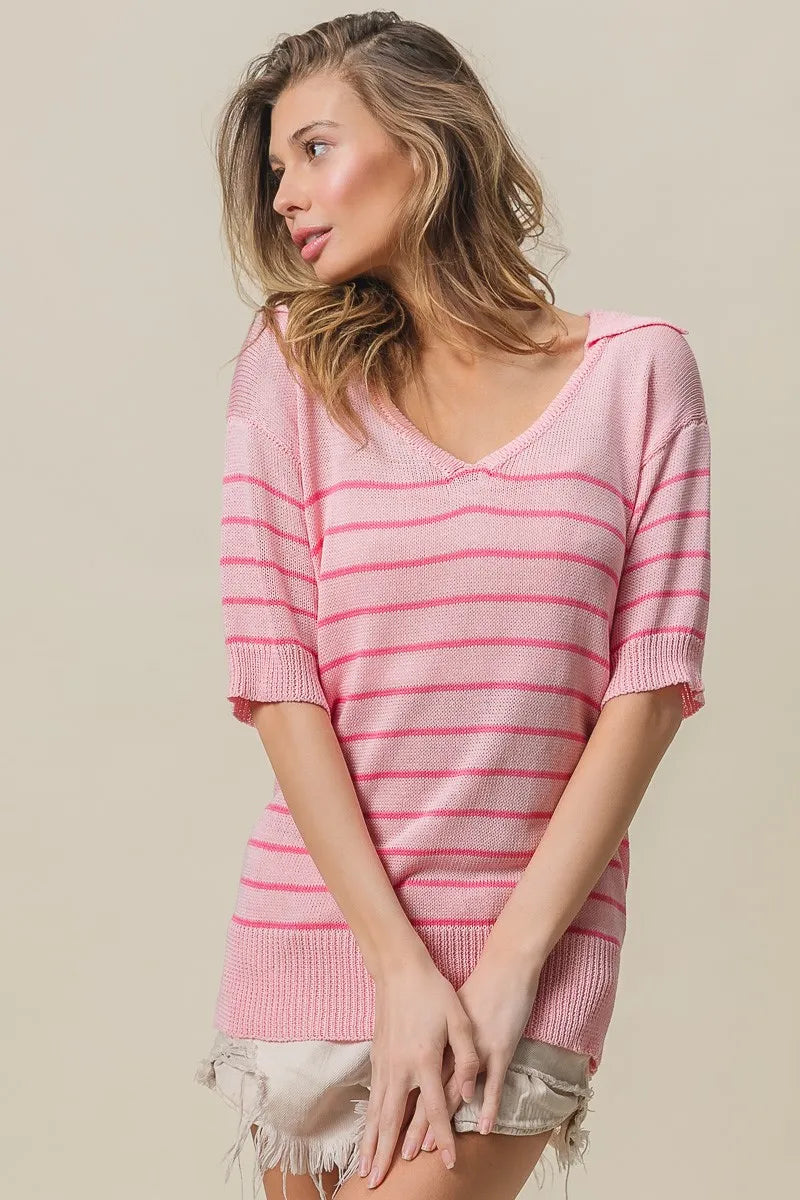 Striped collared V neck sweater top front view
