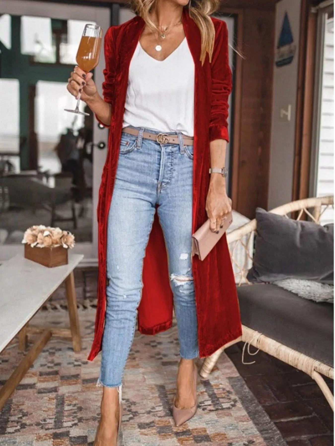 Open Front Long Sleeve Longline Cardigan Red - Fashorio