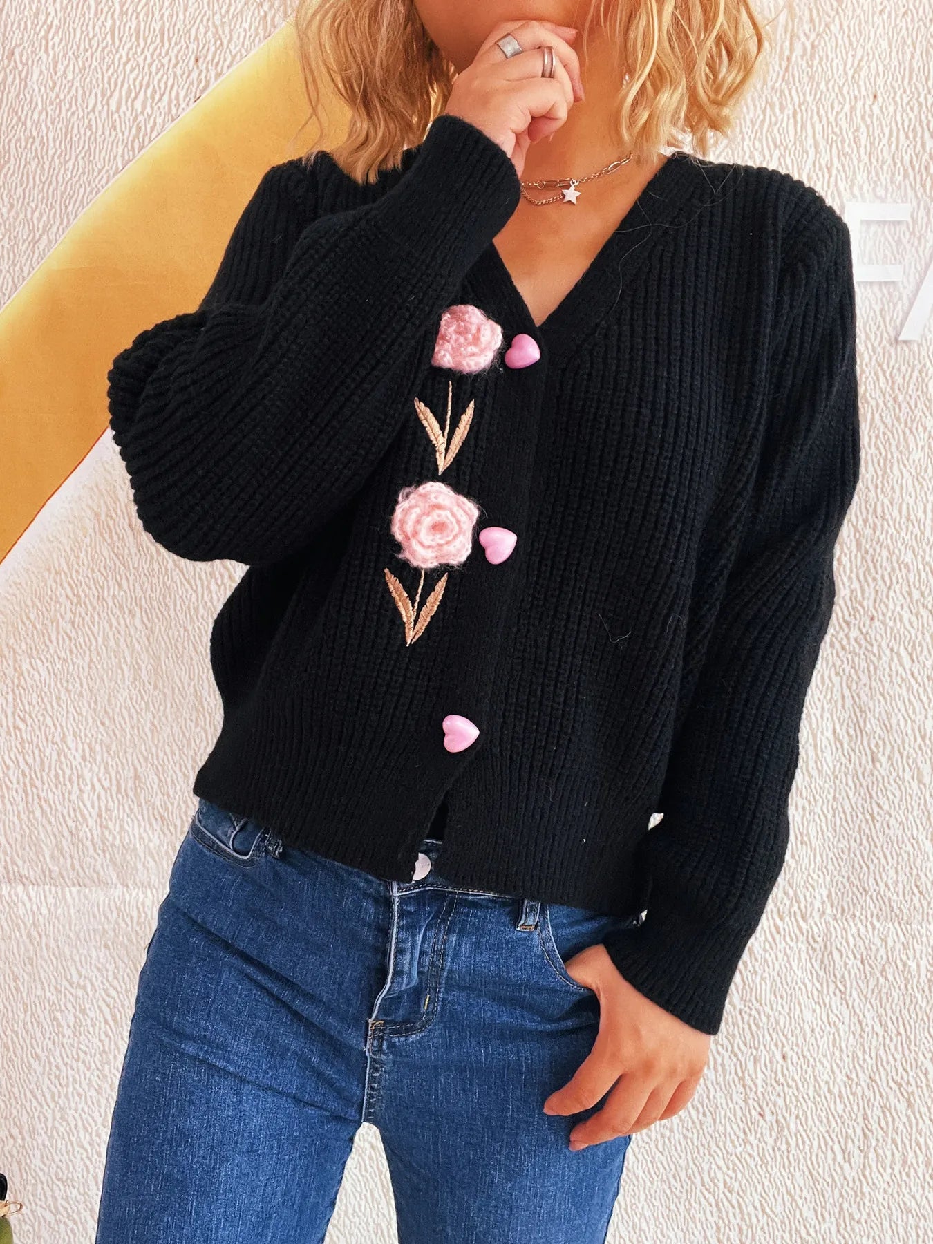 Flower V-Neck Button Up Cardigan Black One Size - Fashorio