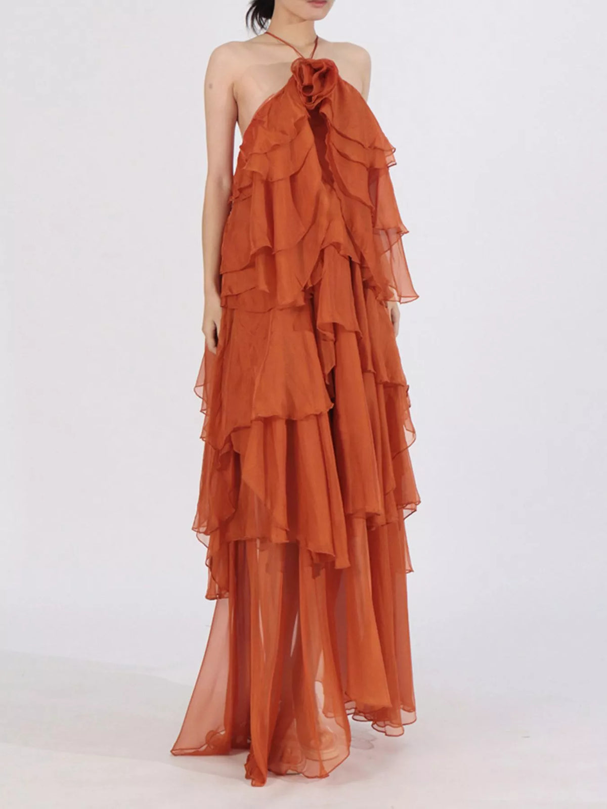 Ruffled chiffon halter neck maxi dress neckline detail