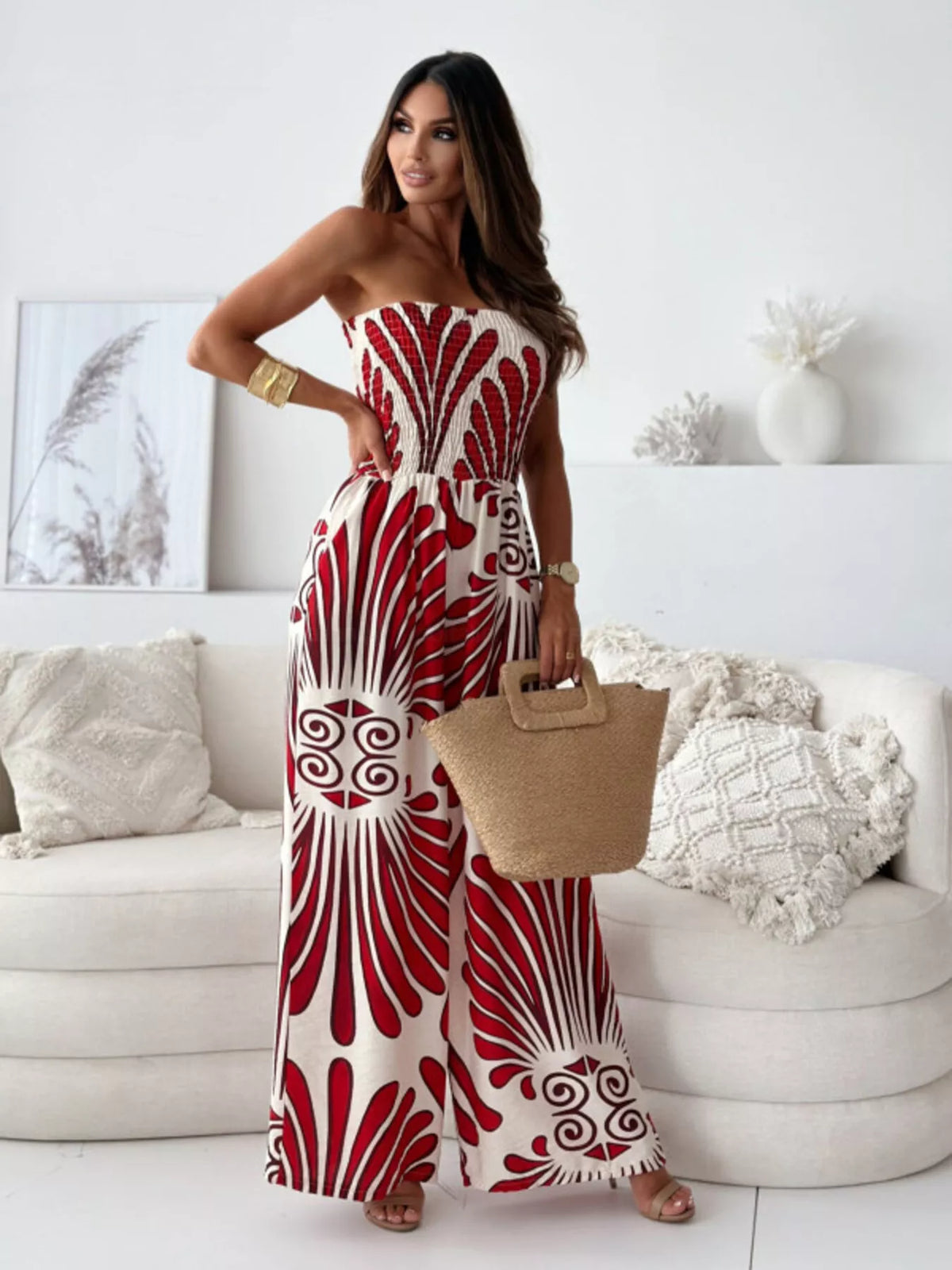 Printed strapless wide leg jumpsuit styled view