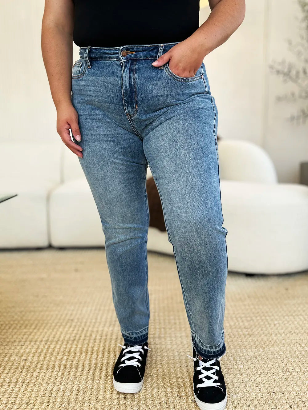 Release hem jeans styled with heels