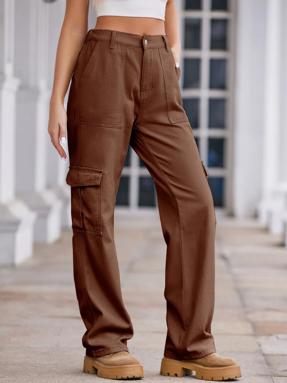 Grey high waist cargo jeans view