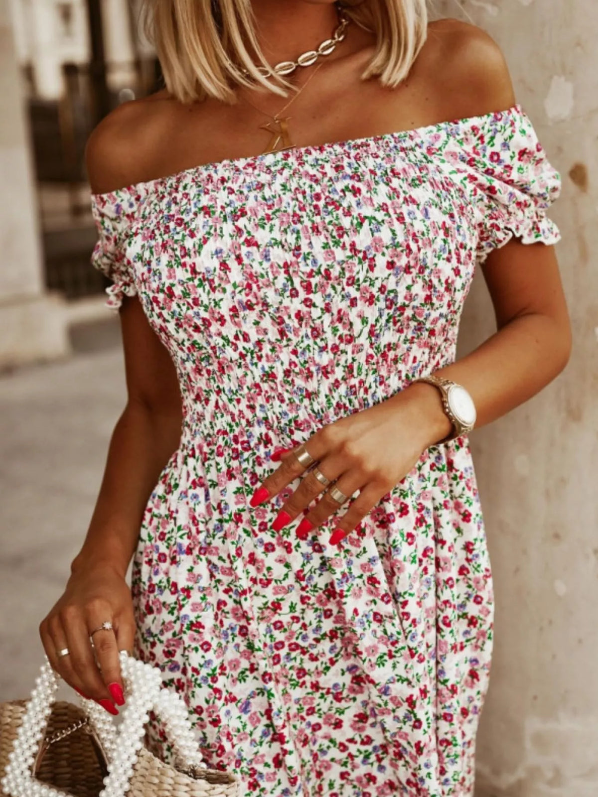 White floral off shoulder ruched midi dress side view