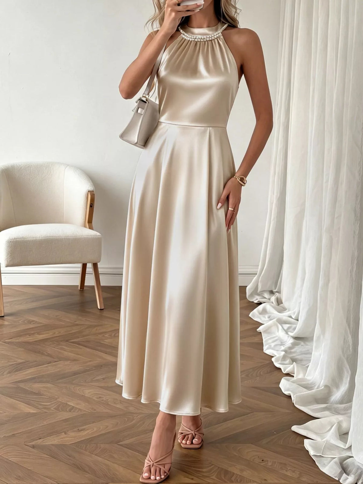 Pearl Halter Satin Midi Dress front view