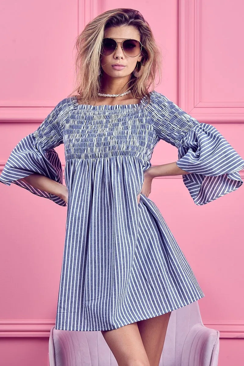 Smocked Off Shoulder Striped Dress view 10