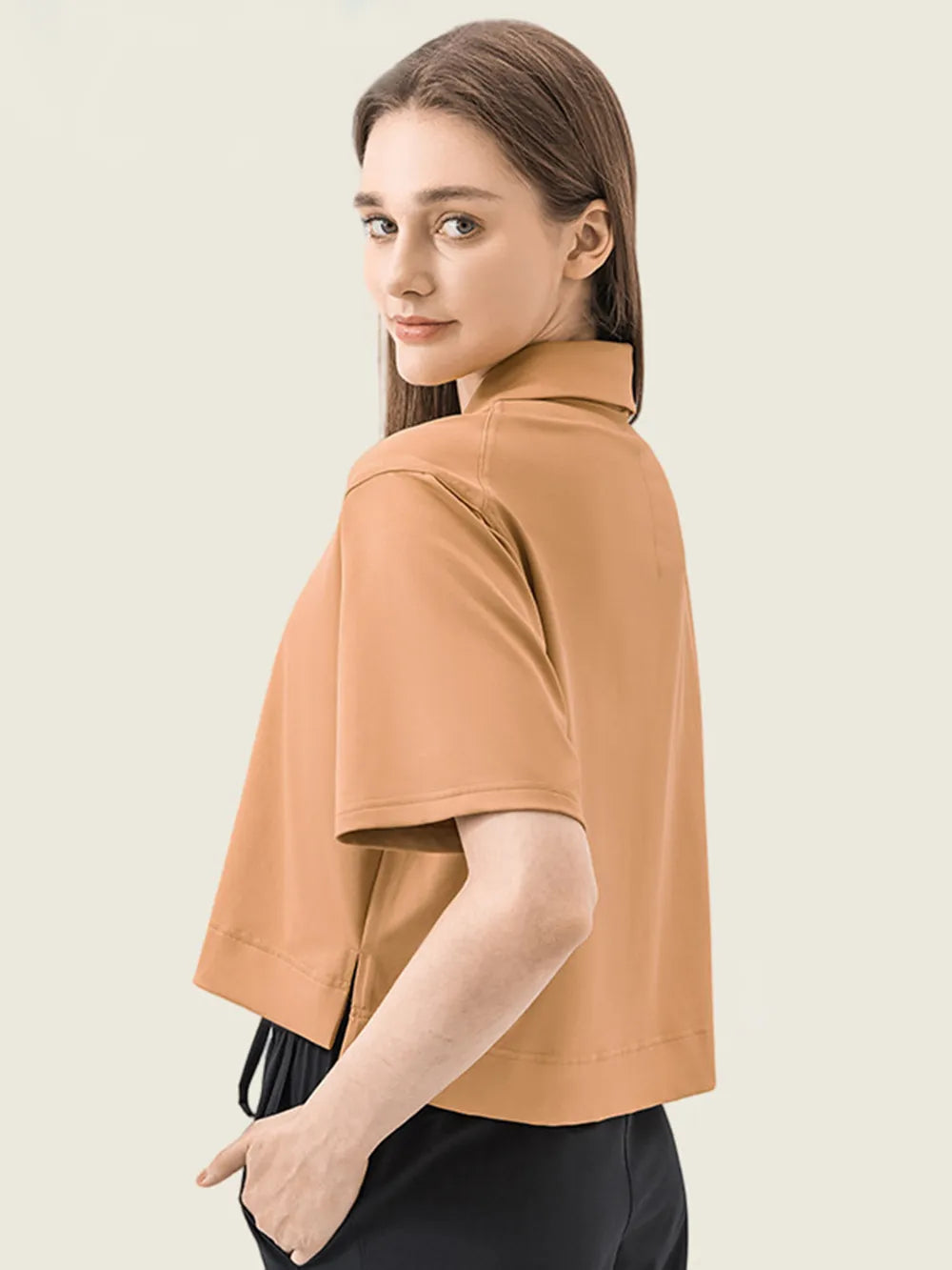 Half button short sleeve active tee back view
