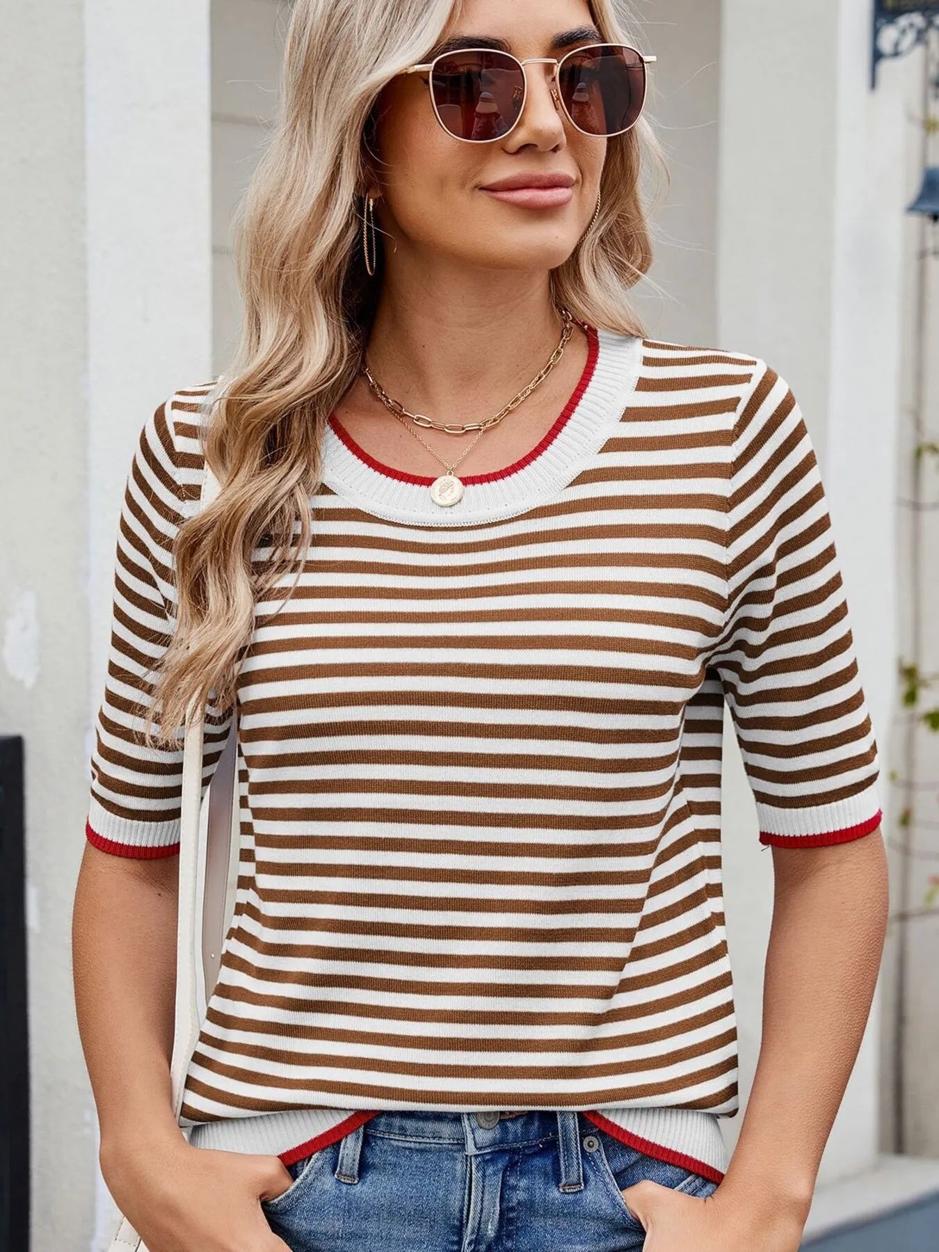 Striped Casual T-Shirt with Contrast Trim - Fashorio