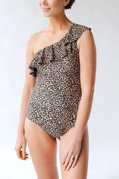 Full Size Ruffled Leopard Single Shoulder One-Piece Swimwear - Fashorio