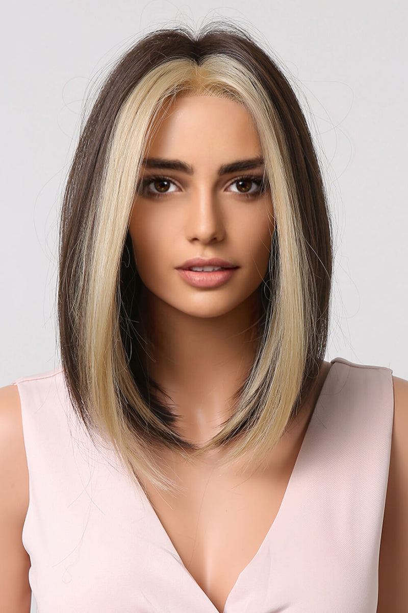 Mid length straight synthetic wig with money piece highlights