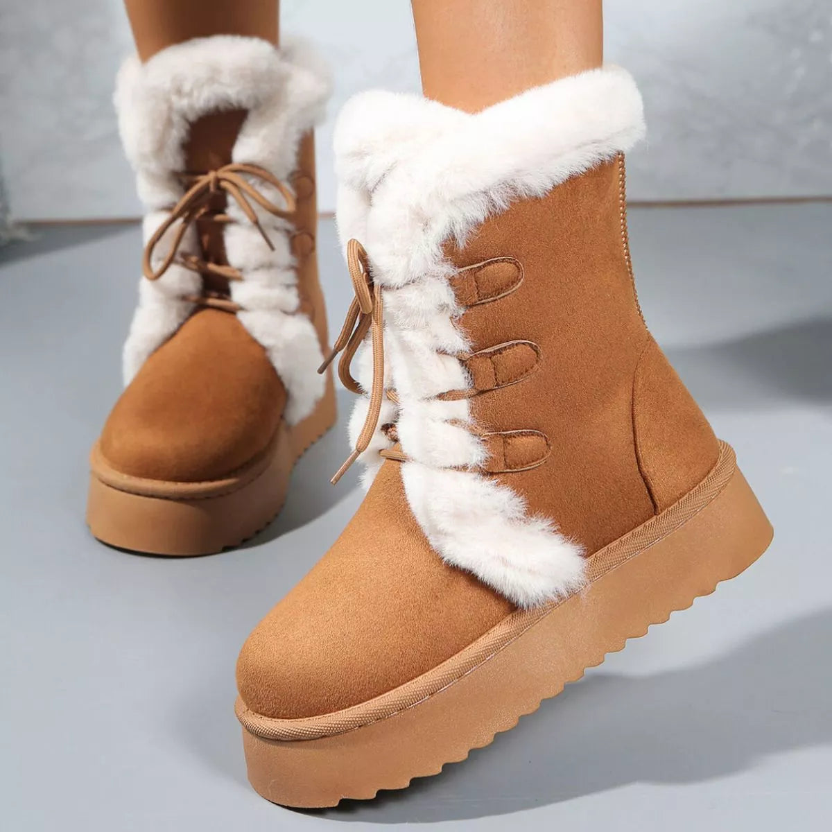 Fuzzy Trim Lace Up Platform Boots angled view