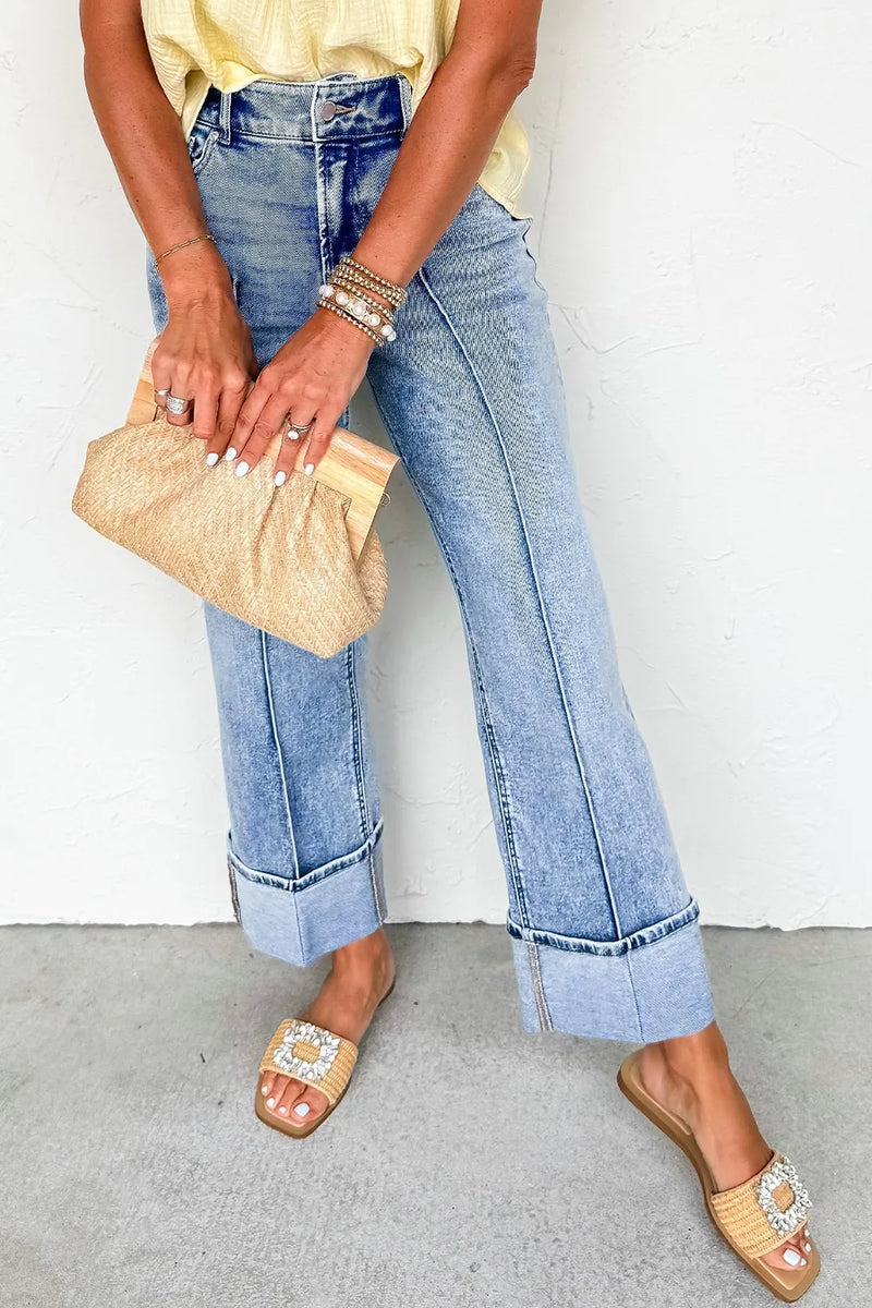 High waist wide leg cuffed jeans in medium wash front view