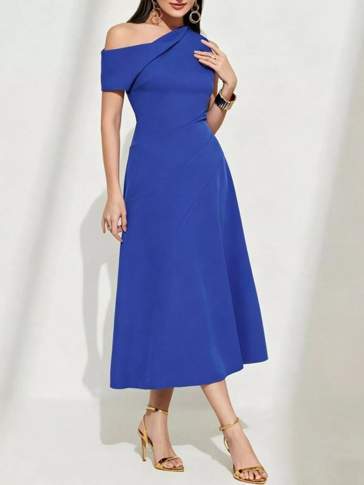 one shoulder midi dress in royal blue full length view