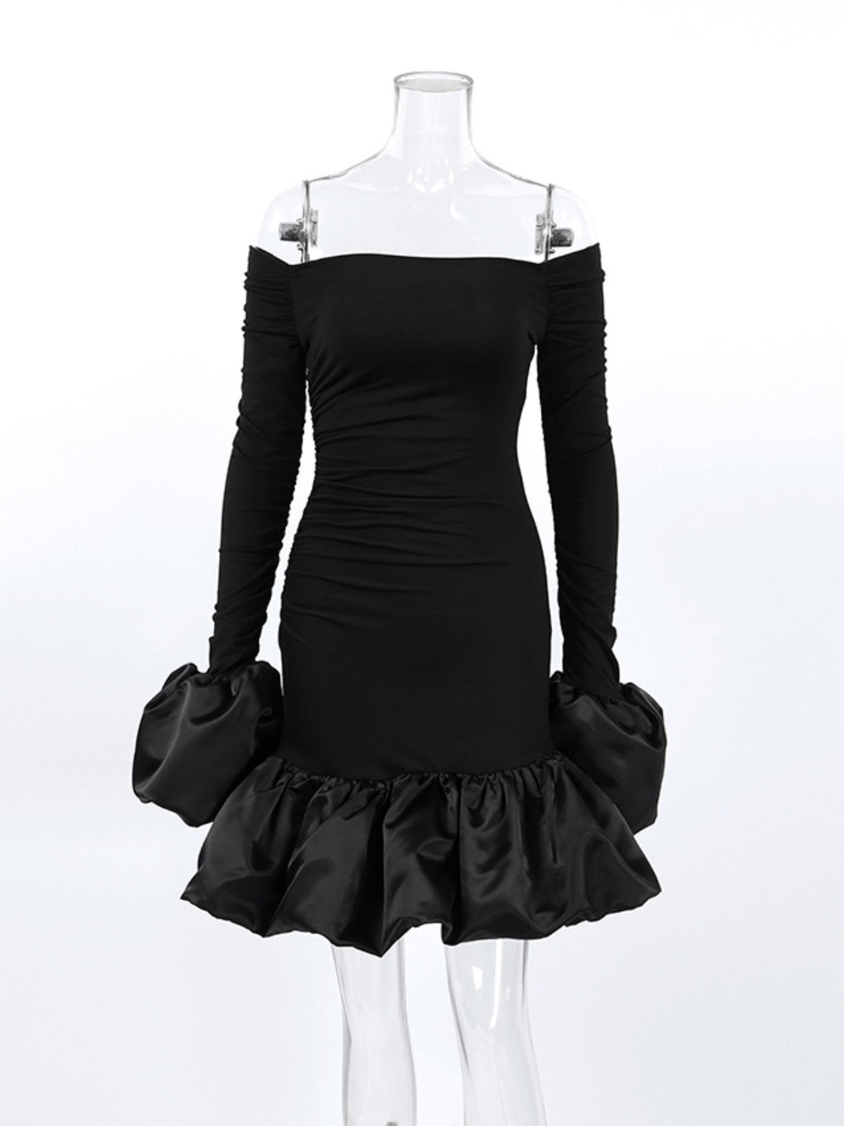 Black off shoulder ruffle hem mini dress close up