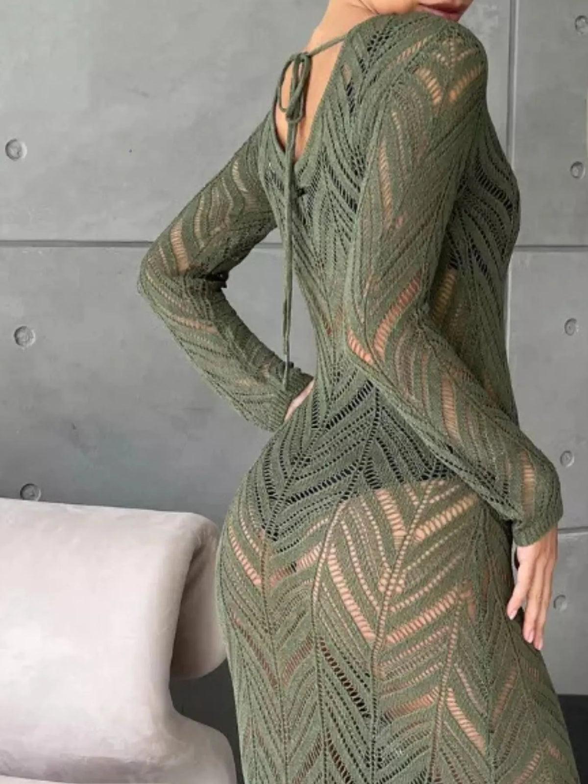 openwork knit long sleeve cover up maxi dress back view