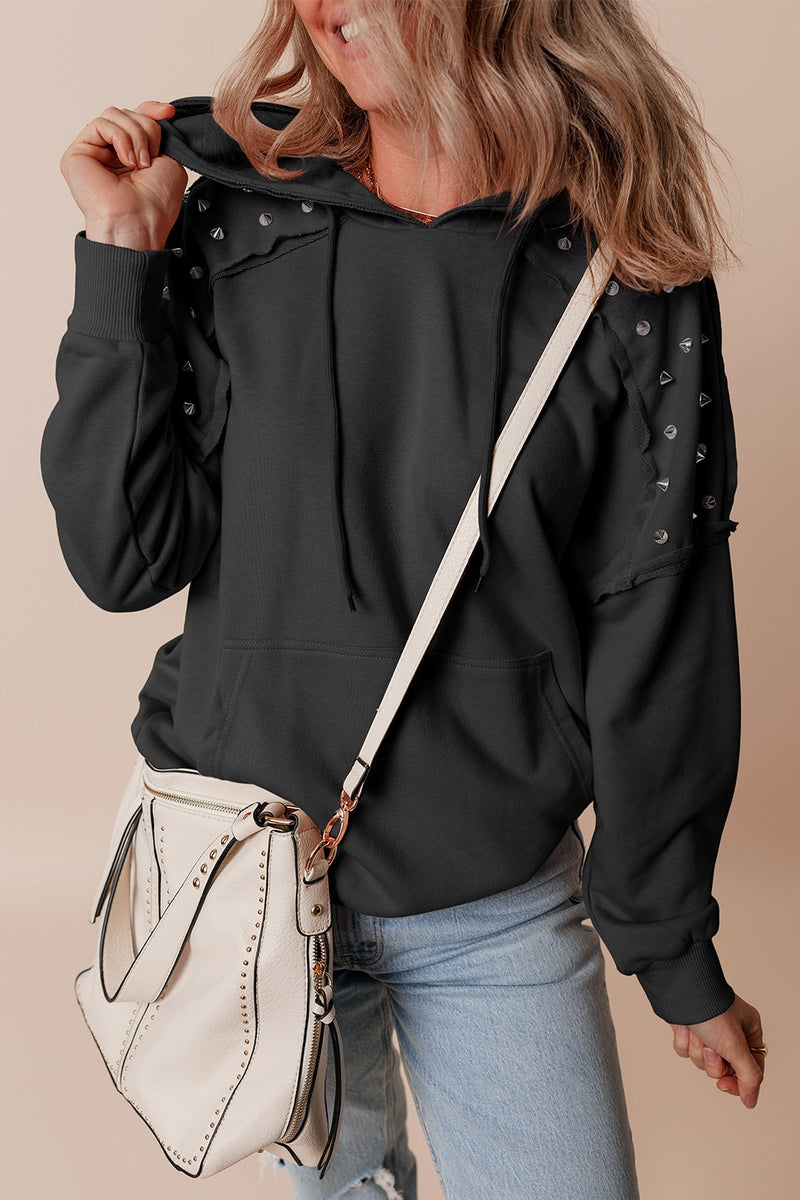 Black studded drawstring hoodie, front view