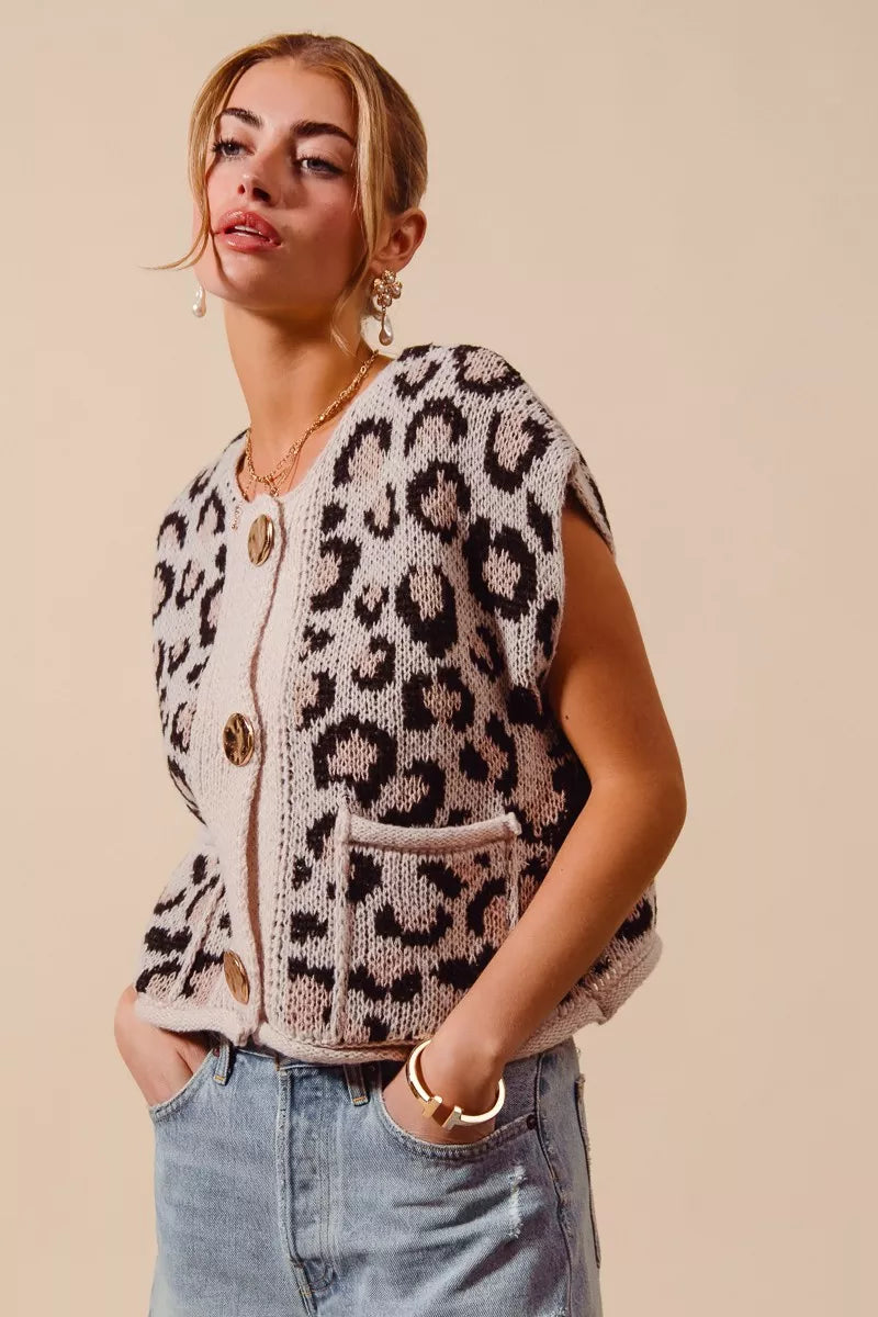 Button Front Leopard Print Sweater Vest styled look