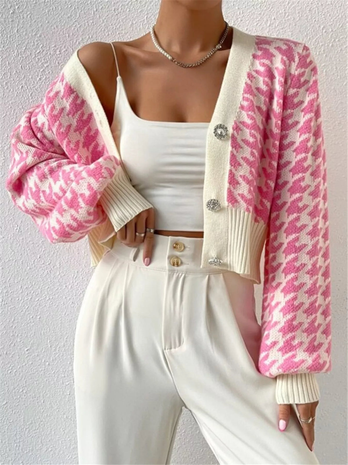 houndstooth v neck button up cardigan back view