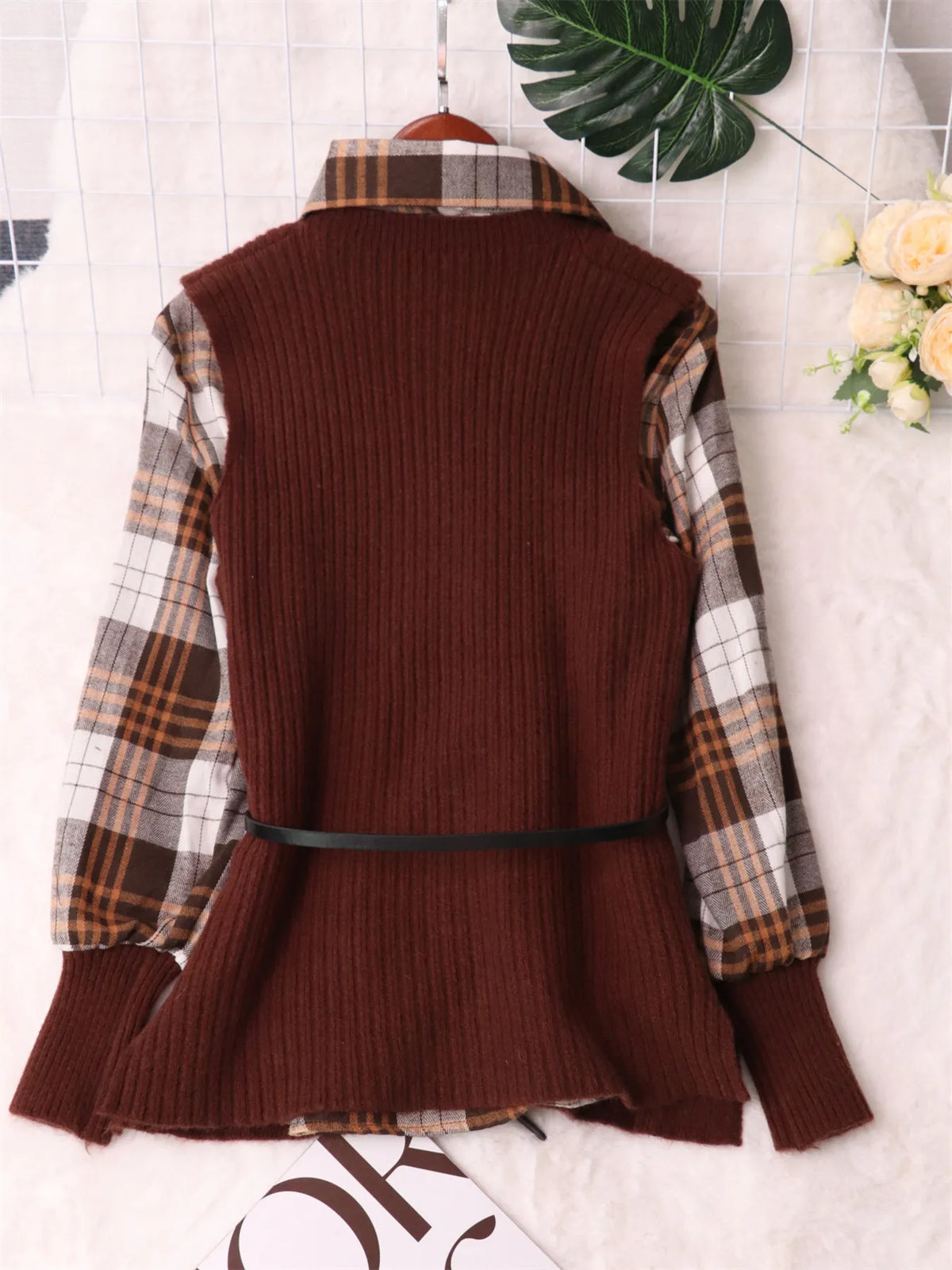 Plaid Belted Long Sleeve Sweater Dress view 11