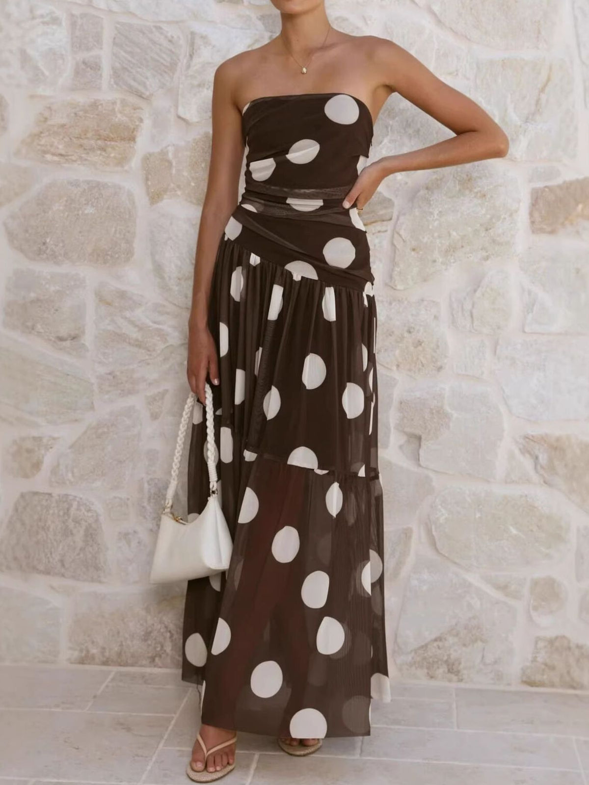 Polka dot strapless ruched maxi dress, fabric and print close up
