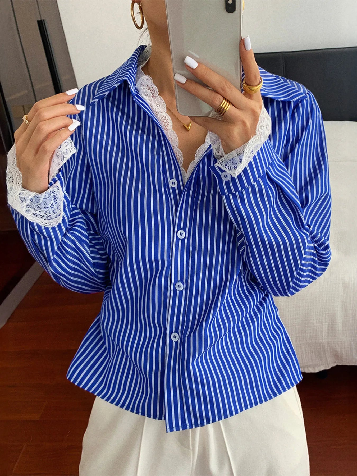 Striped Button-Down Shirt with Lace Detail Blue - Fashorio