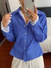 Striped Button-Down Shirt with Lace Detail Blue - Fashorio
