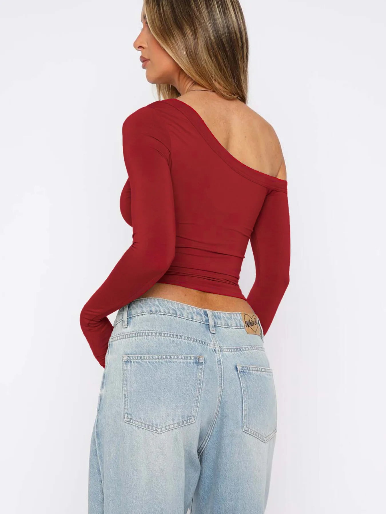One Shoulder Long Sleeve Crop T-Shirt - Fashorio