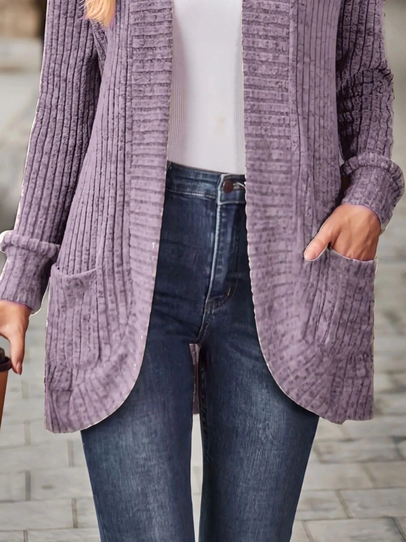 Ribbed Open Front Long Cardigan with Pockets - Fashorio