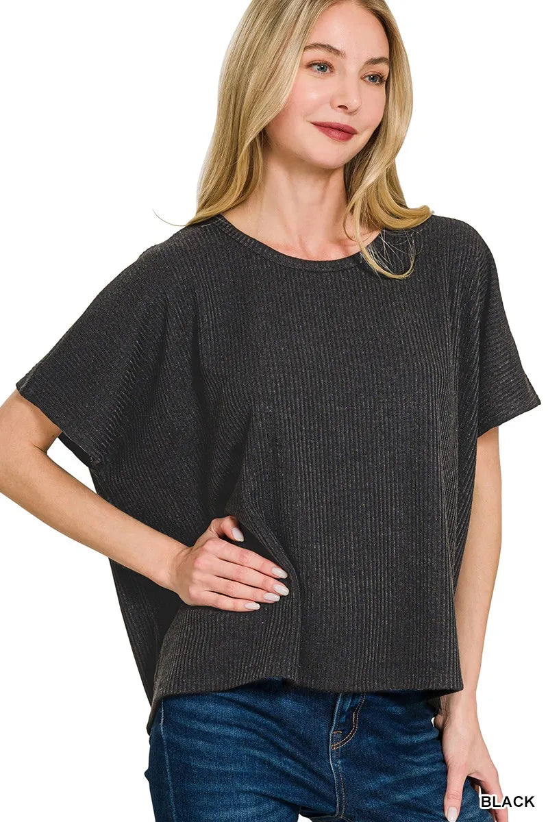 Zenana Ribbed Round-Neck Short-Sleeve Knit Top BLACK - Fashorio