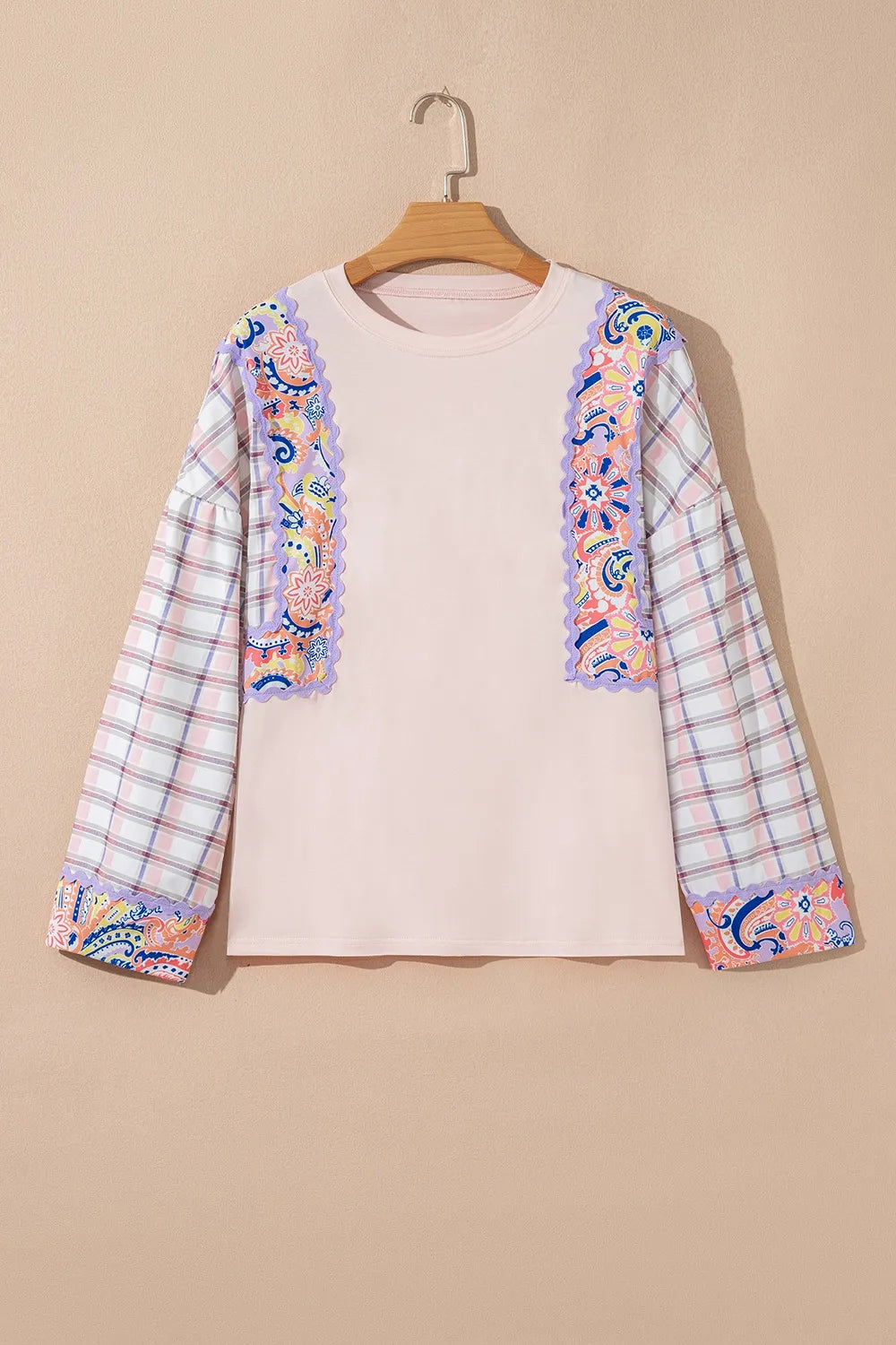 Paisley Print Plaid Long Sleeve Oversized Top - Fashorio