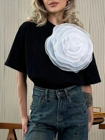 Flower Round Neck Short Sleeve T-Shirt Black - Fashorio