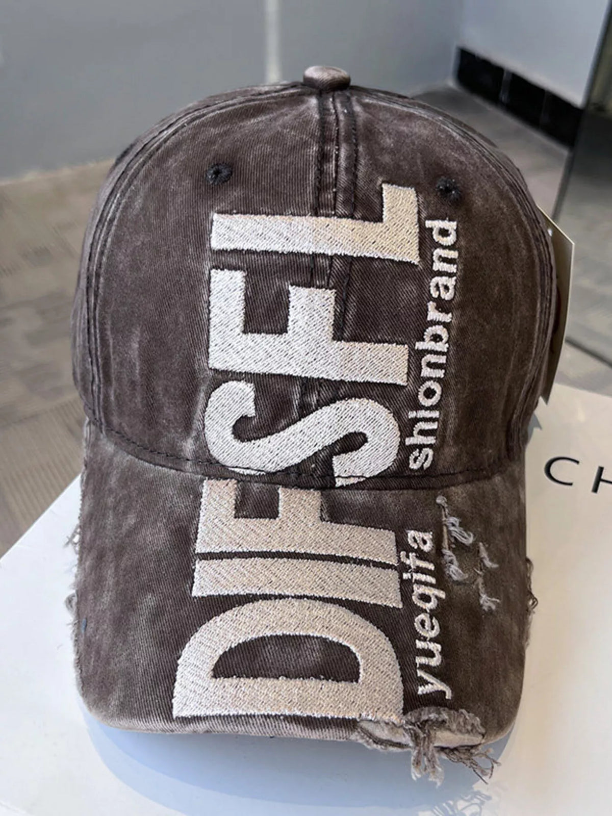 Close up of the embroidery on the cap front panel